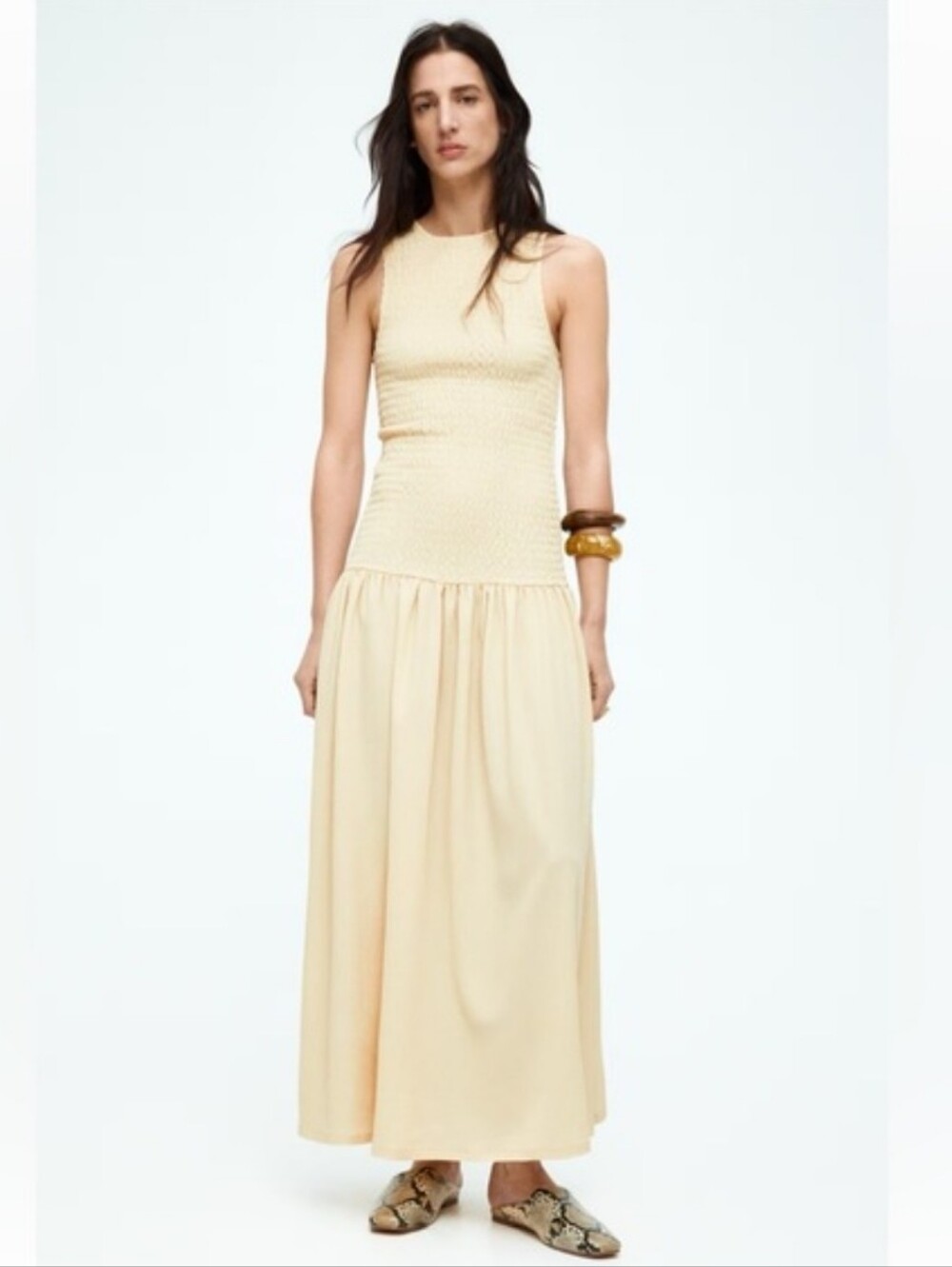 H&M SMOCKED JERSEY MAXI DRESS Yellow Size S - Picture 5 of 16